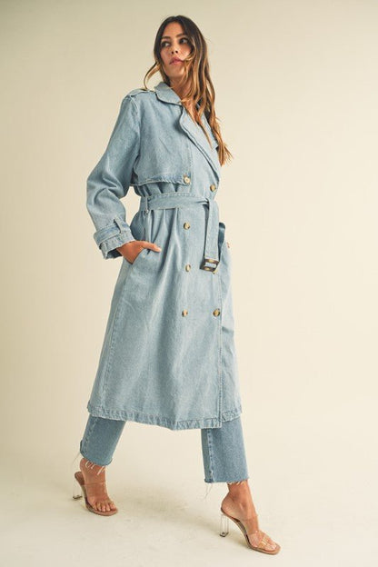 Denim Long Sleeve Trench Midi Coat