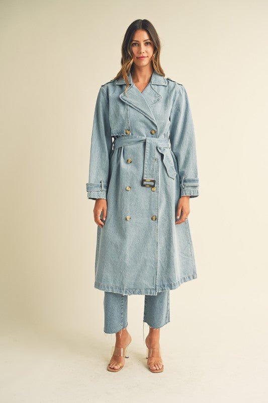 Denim Long Sleeve Trench Midi Coat