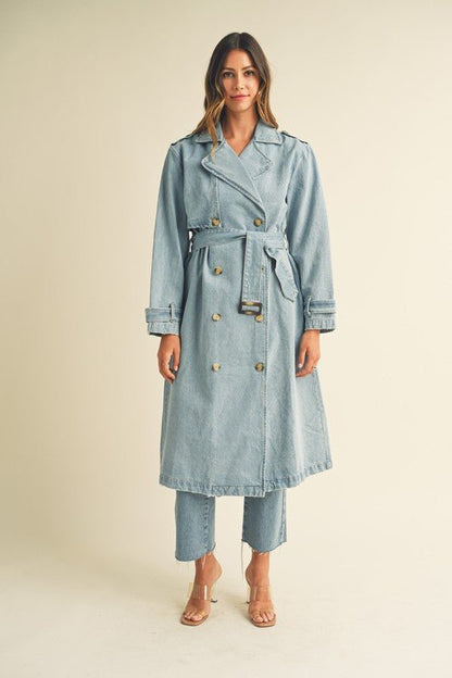 Denim Long Sleeve Trench Midi Coat