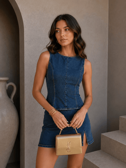 Denim Open Back Mini Skirt Set