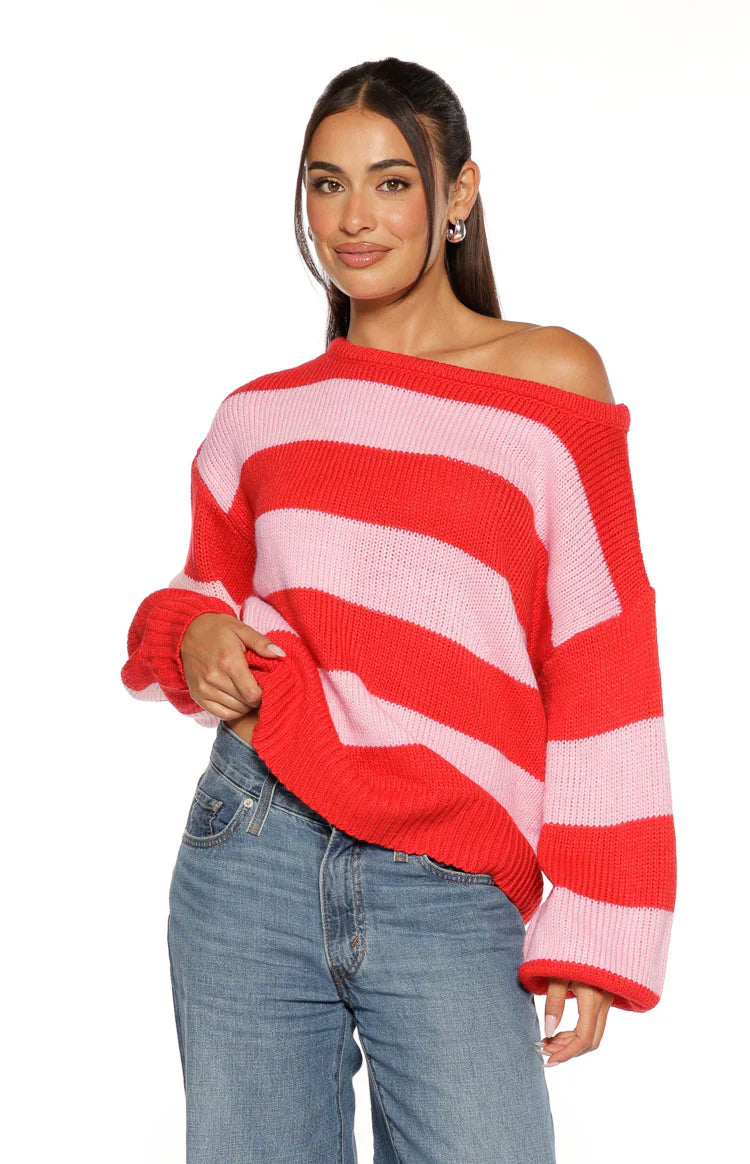 Finley Red and Pink Stripe Off Shoulder Knit Sweater