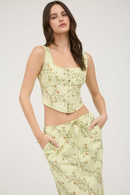 Floral Front Tie Linen Midi Skirt