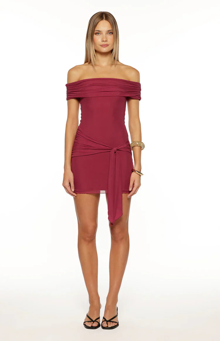 Heather Burgundy Off Shoulder Wrap Mini Dress