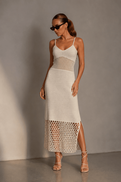 Ivory Net Cutout Knitted Midi Dress
