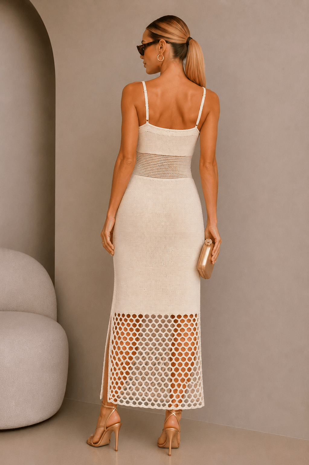 Ivory Net Cutout Knitted Midi Dress