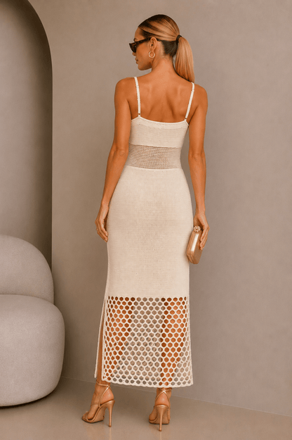 Ivory Net Cutout Knitted Midi Dress