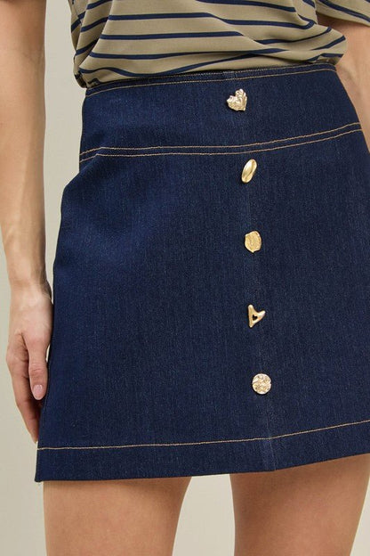 Jewel & Seashell Button Denim Skirt
