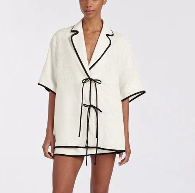 White & Black Tie-up Top Skirt Set