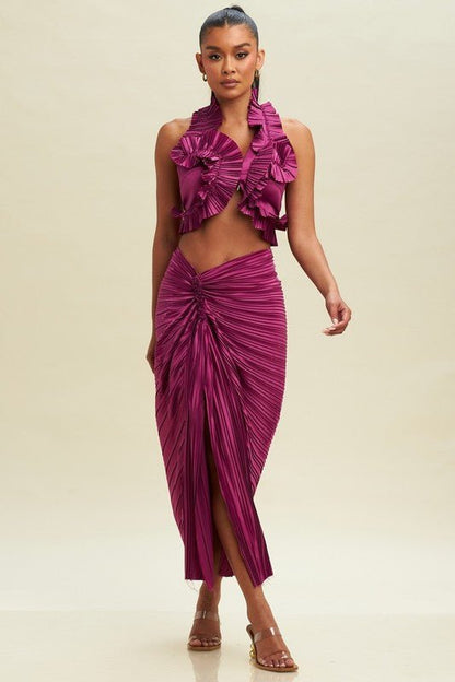 Magenta Pleated Resort Skirt Set