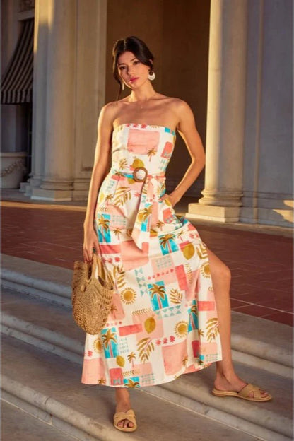 Moroccan Belt Strapless Maxi Dress