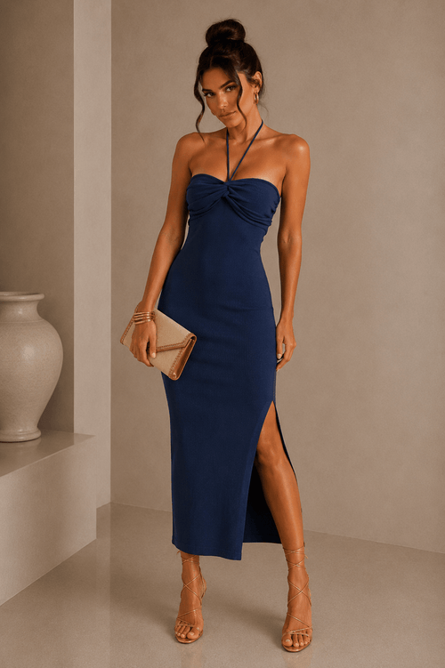 Navy Halter Knit Midi Dress