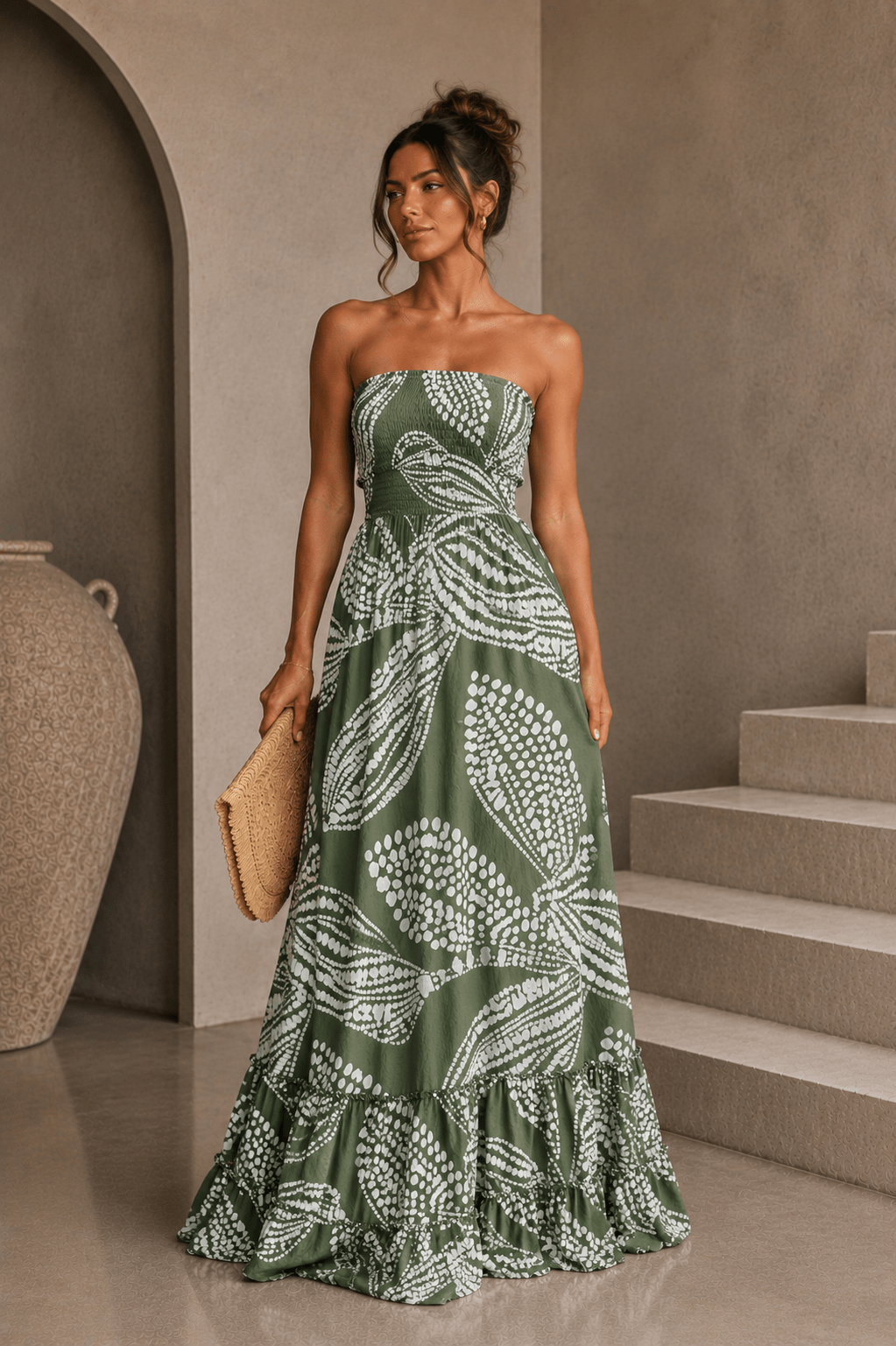 Olive Green & White Maxi Dress