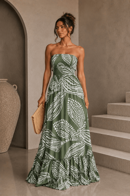 Olive Green & White Maxi Dress