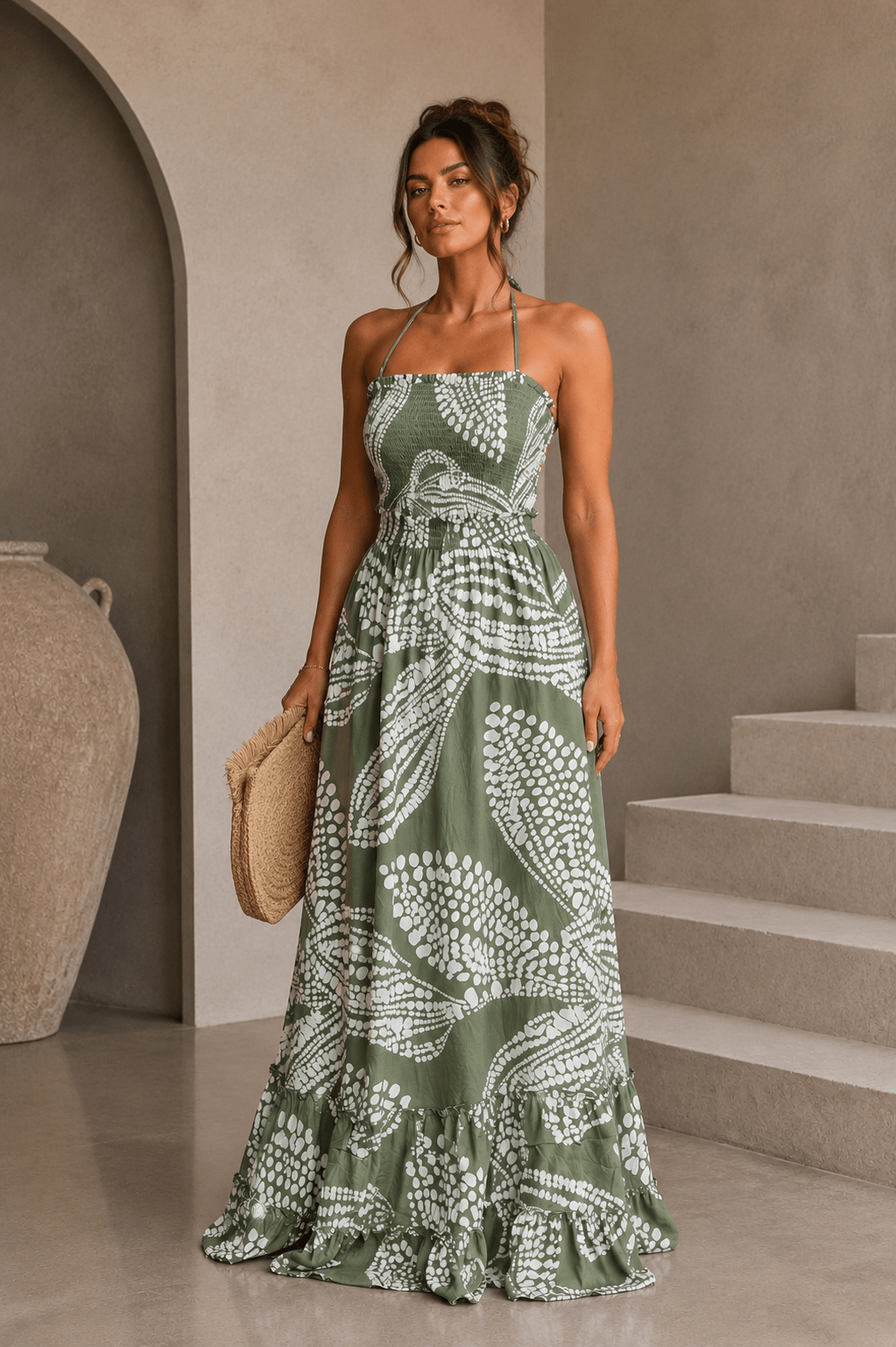 Olive Green & White Maxi Dress