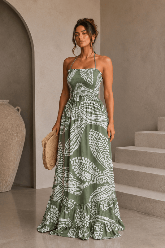 Olive Green & White Maxi Dress