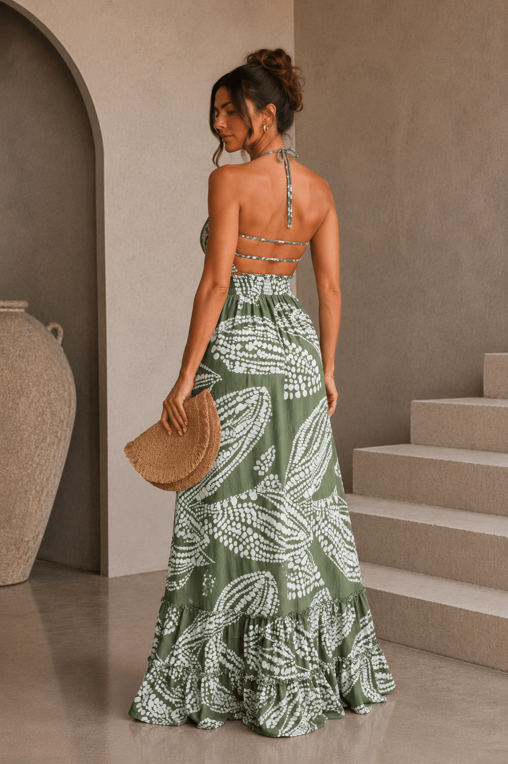 Olive Green & White Maxi Dress