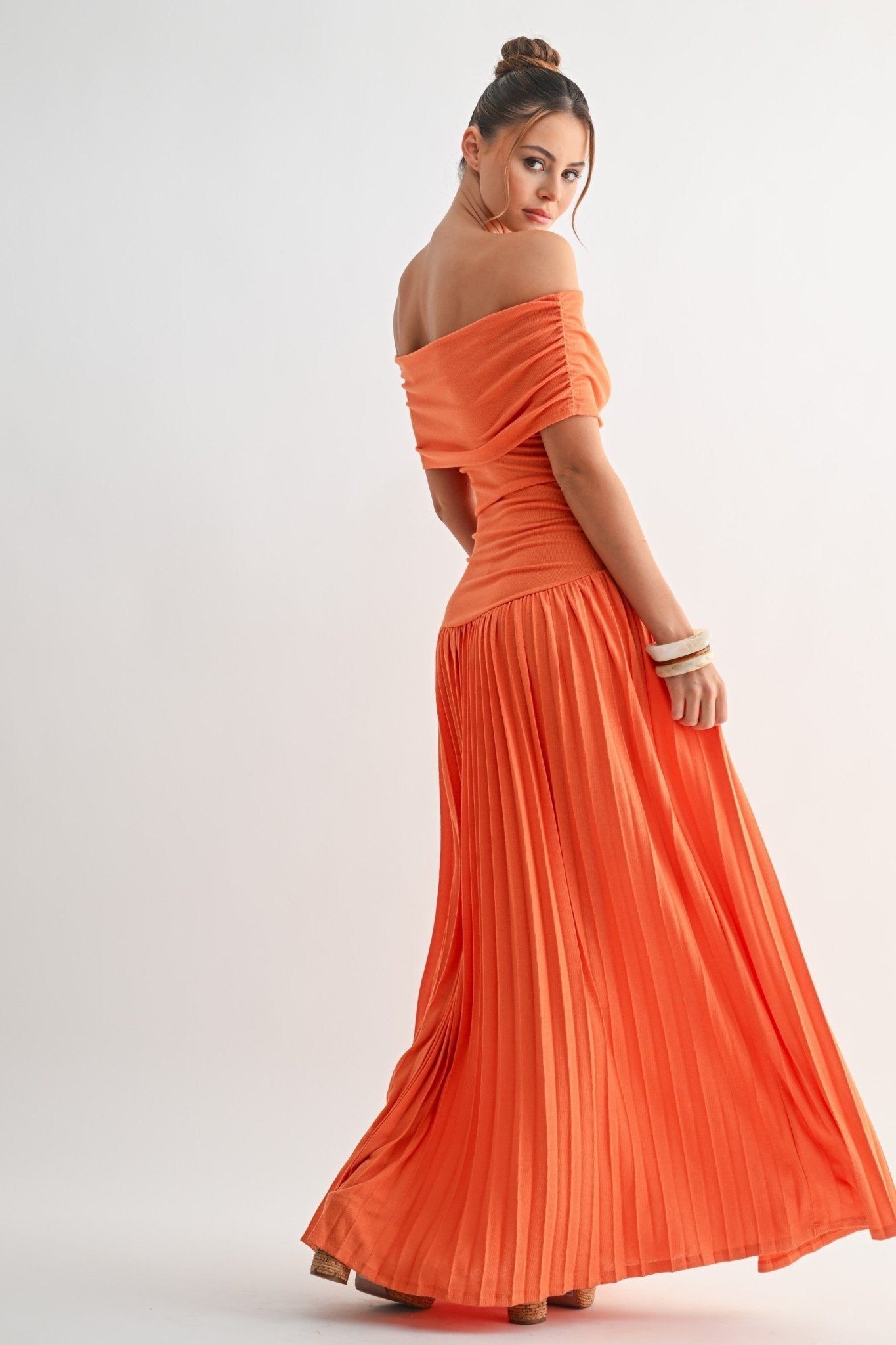 Orange Soleil Pleated Maxi Dress