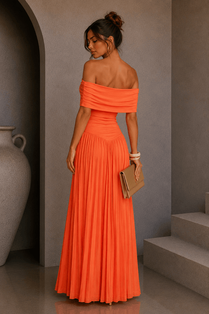 Orange Soleil Pleated Maxi Dress
