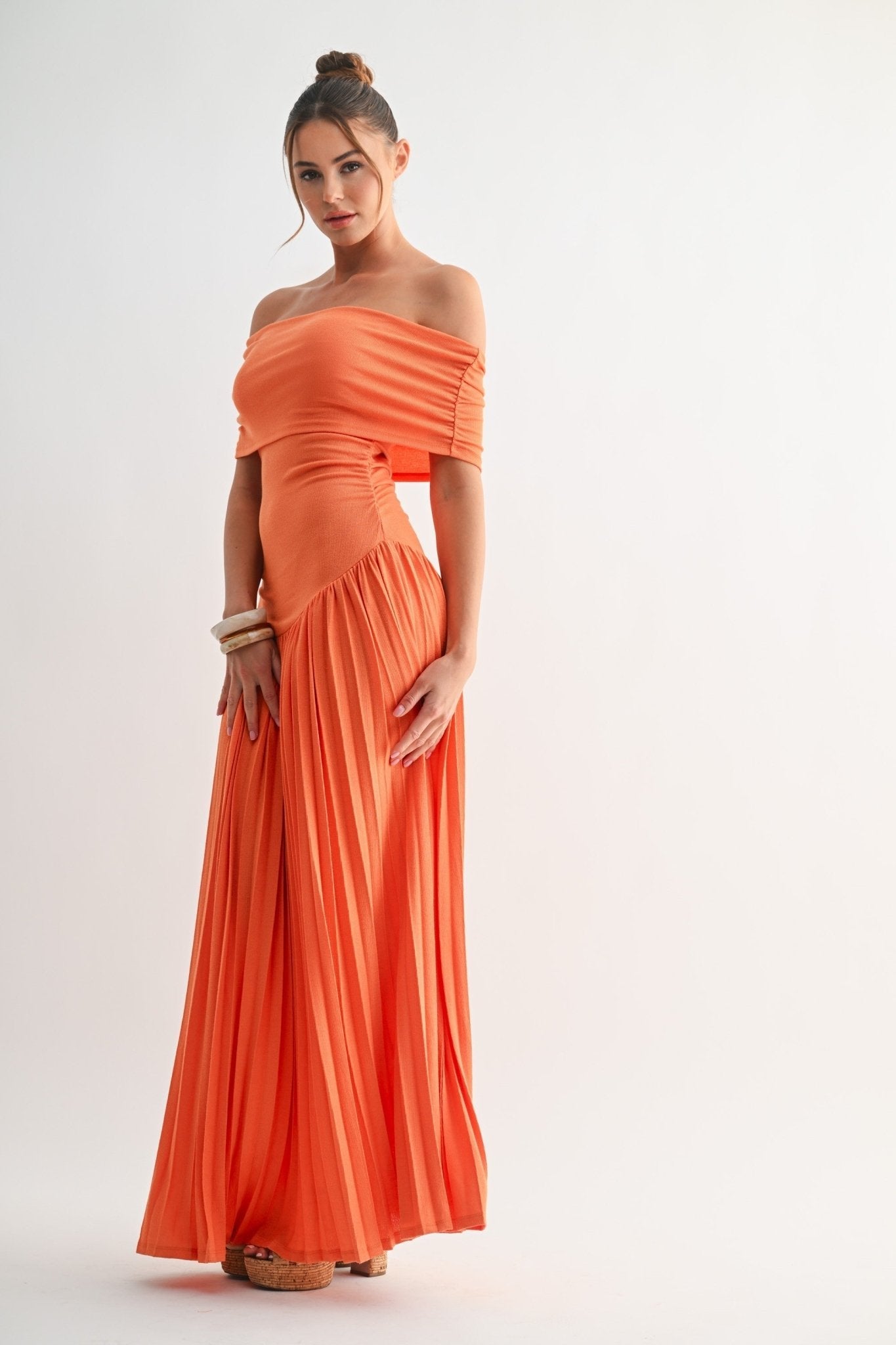 Orange Soleil Pleated Maxi Dress