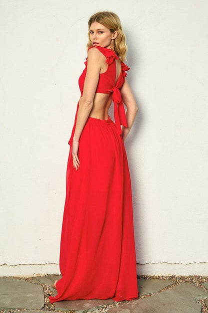 Red Cutout Frilly Maxi Dress