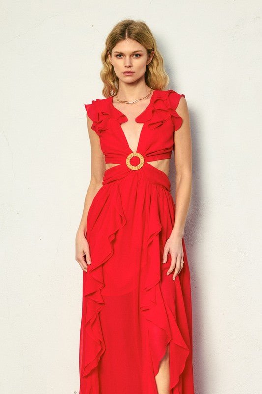 Red Cutout Frilly Maxi Dress