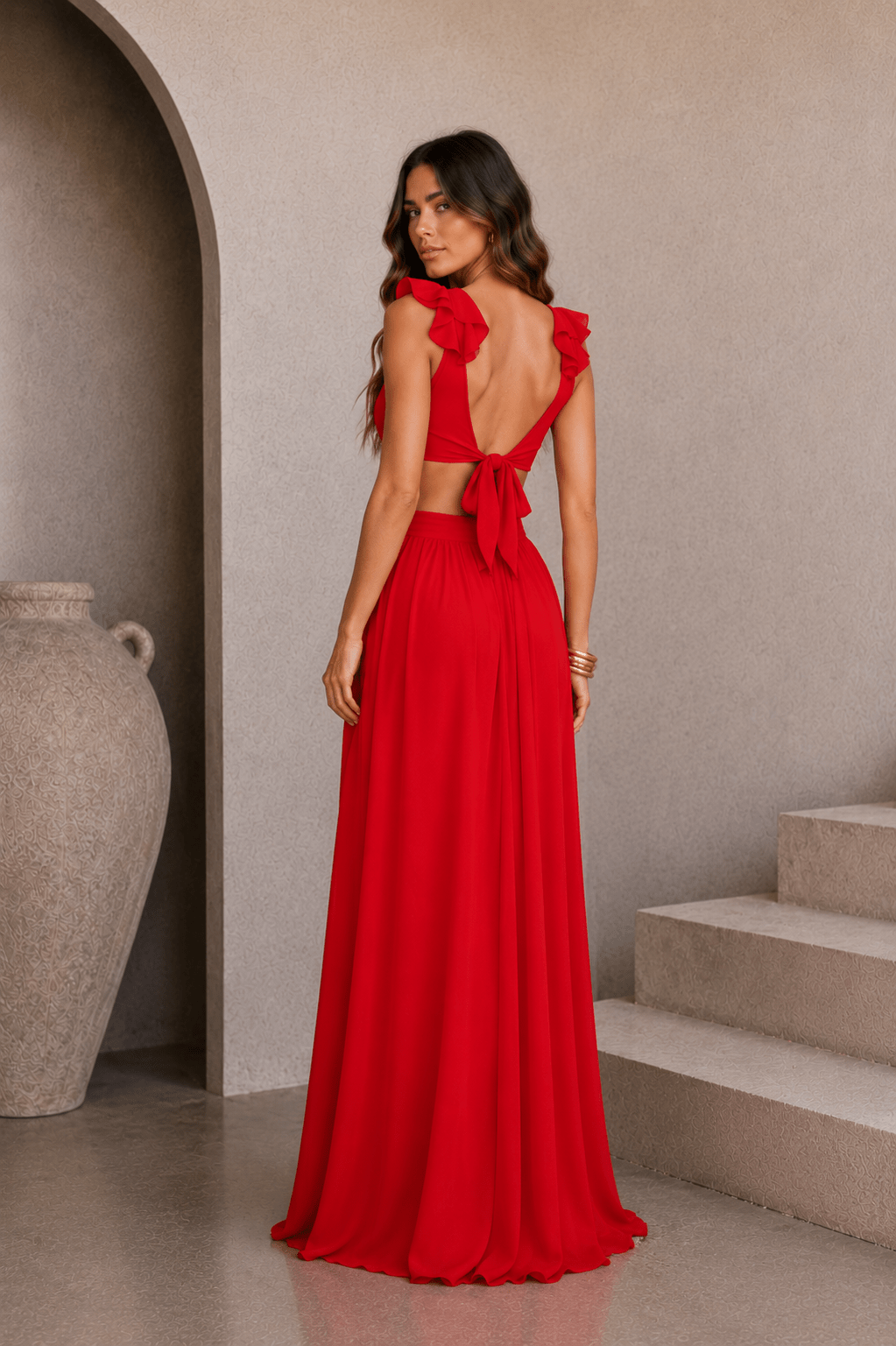 Red Cutout Frilly Maxi Dress