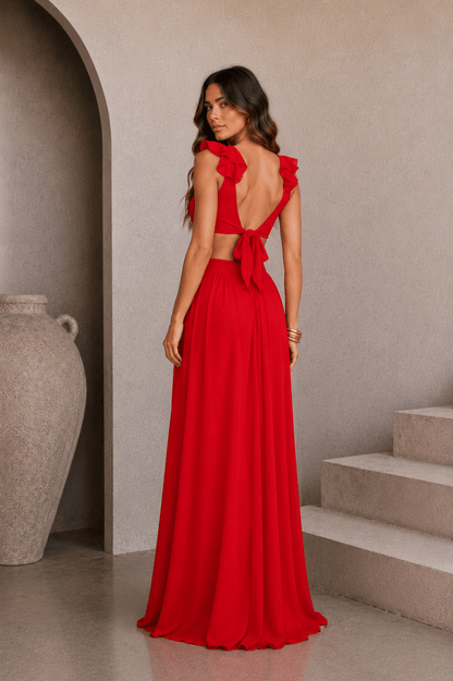 Red Cutout Frilly Maxi Dress
