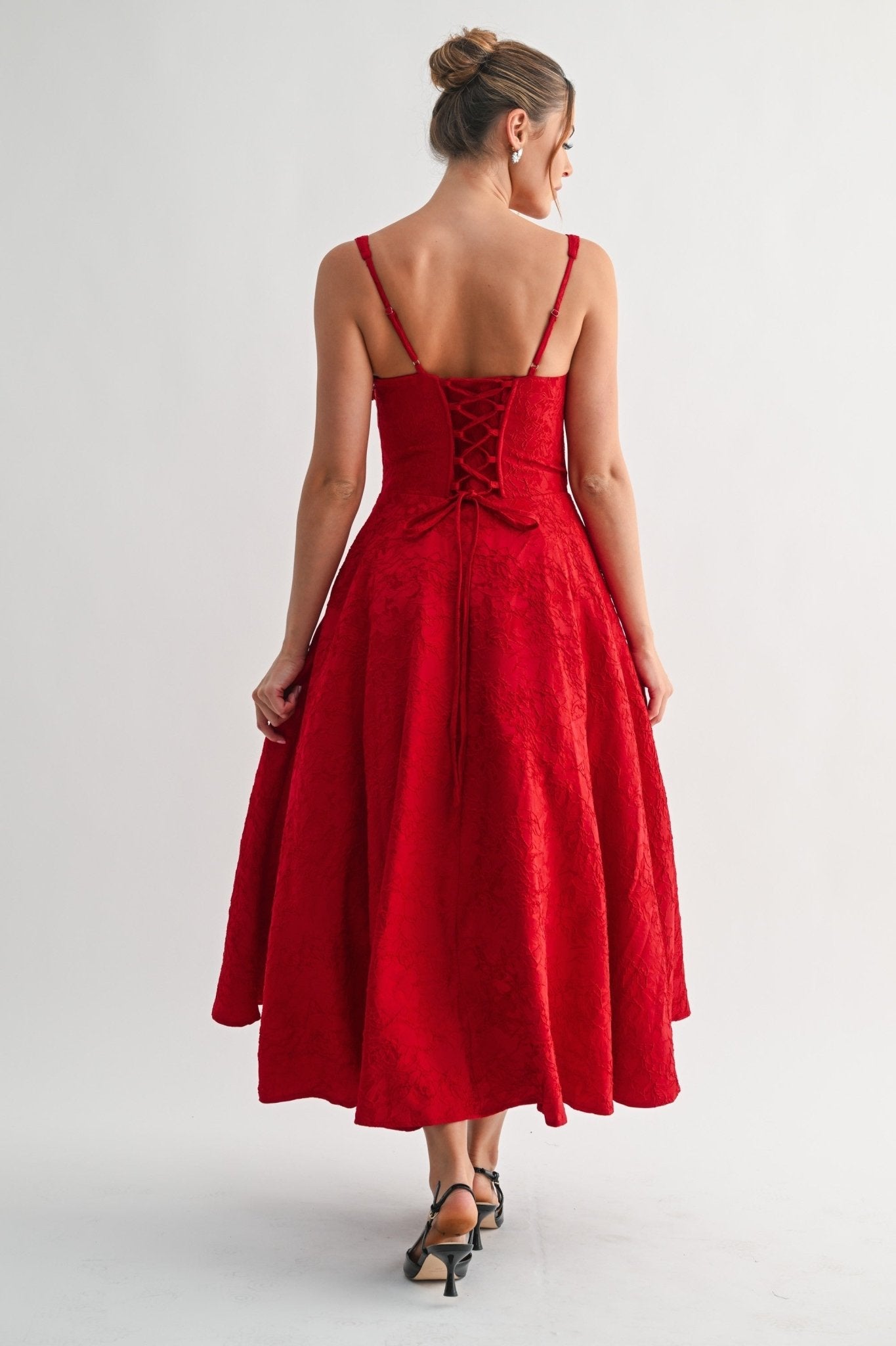Red Fleur Corset Midi Dress