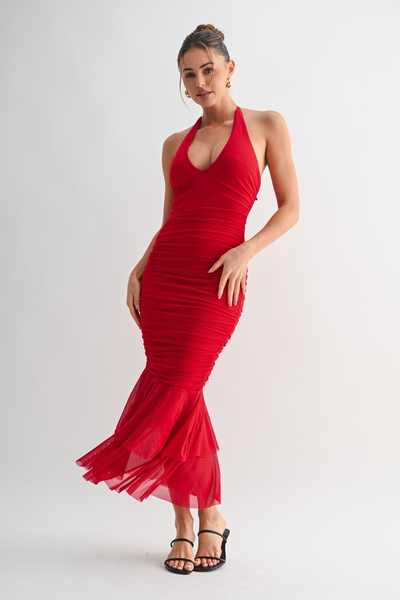 Red La Rouge Halter Flounce Gown