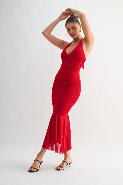 Red La Rouge Halter Flounce Gown