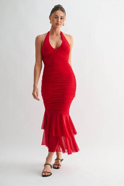 Red La Rouge Halter Flounce Gown