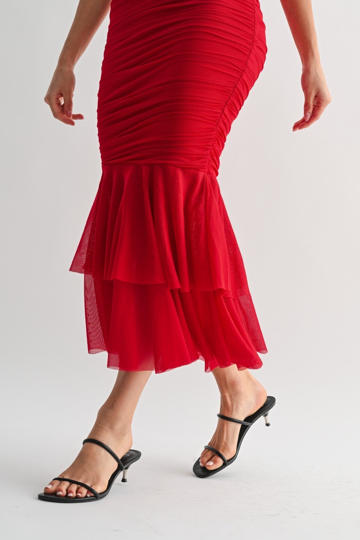 Red La Rouge Halter Flounce Gown