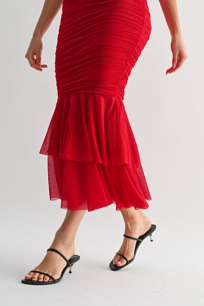 Red La Rouge Halter Flounce Gown