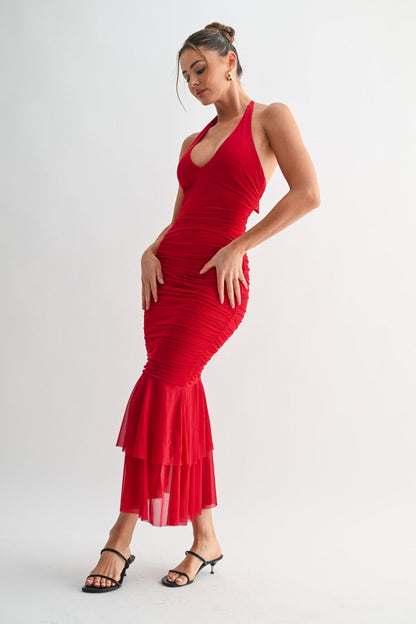 Red La Rouge Halter Flounce Gown