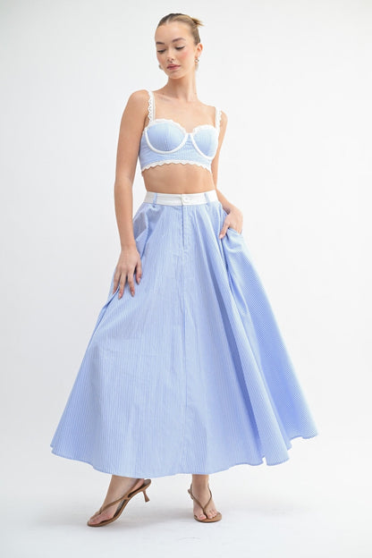 Blue & White Striped Lace Skirt Set