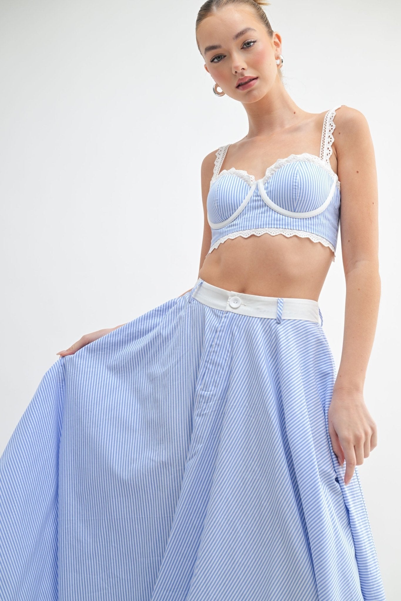 Blue & White Striped Lace Skirt Set