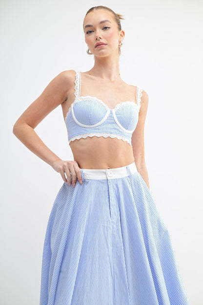 Blue & White Striped Lace Skirt Set