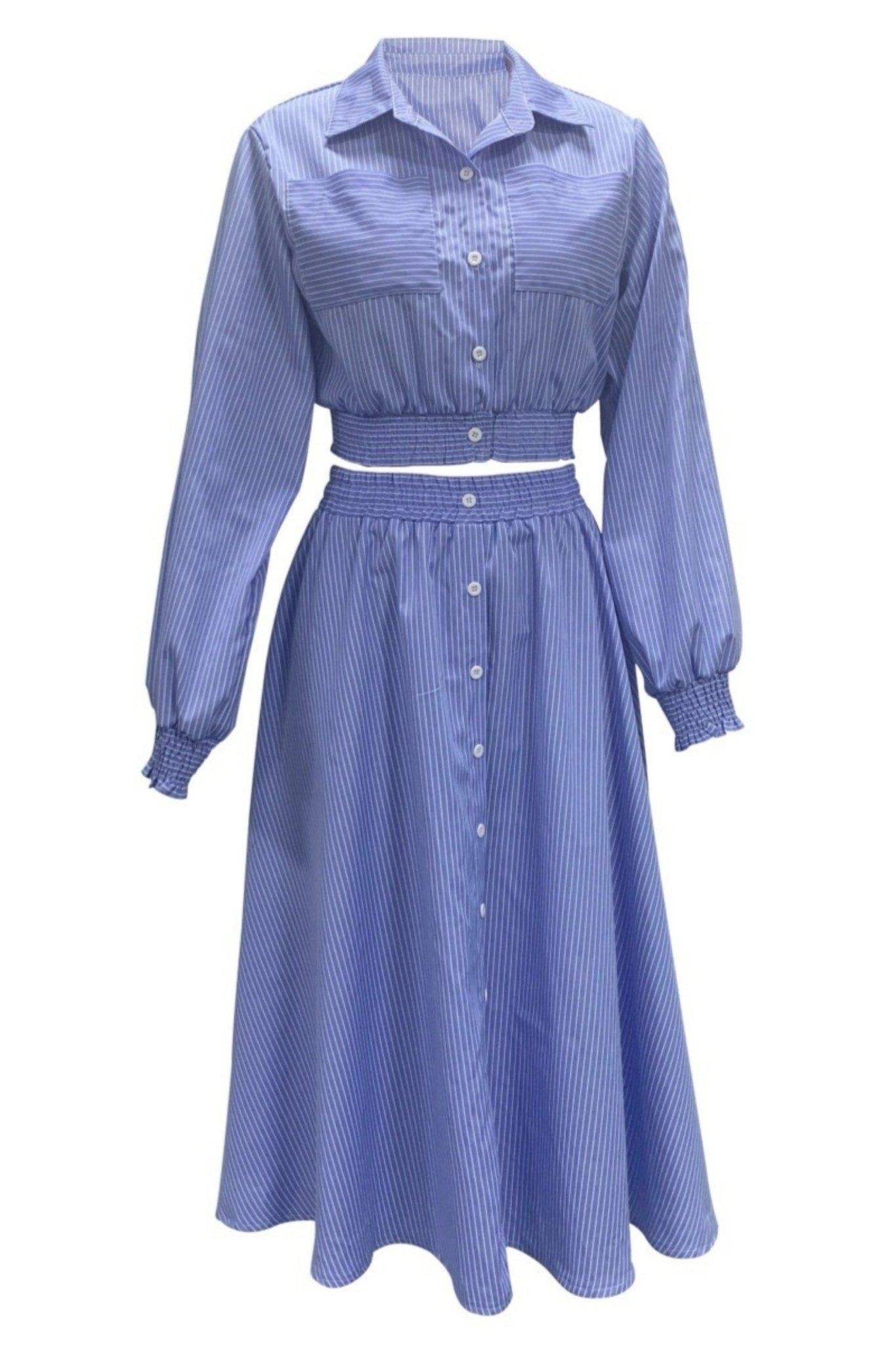 Blue Striped Button Down Skirt Set