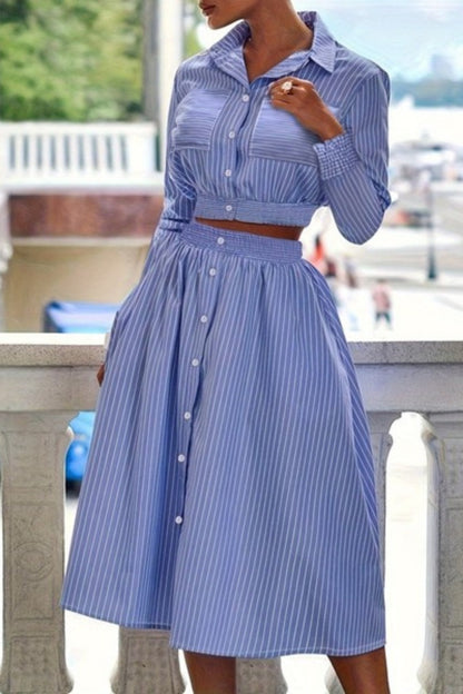 Blue Striped Button Down Skirt Set