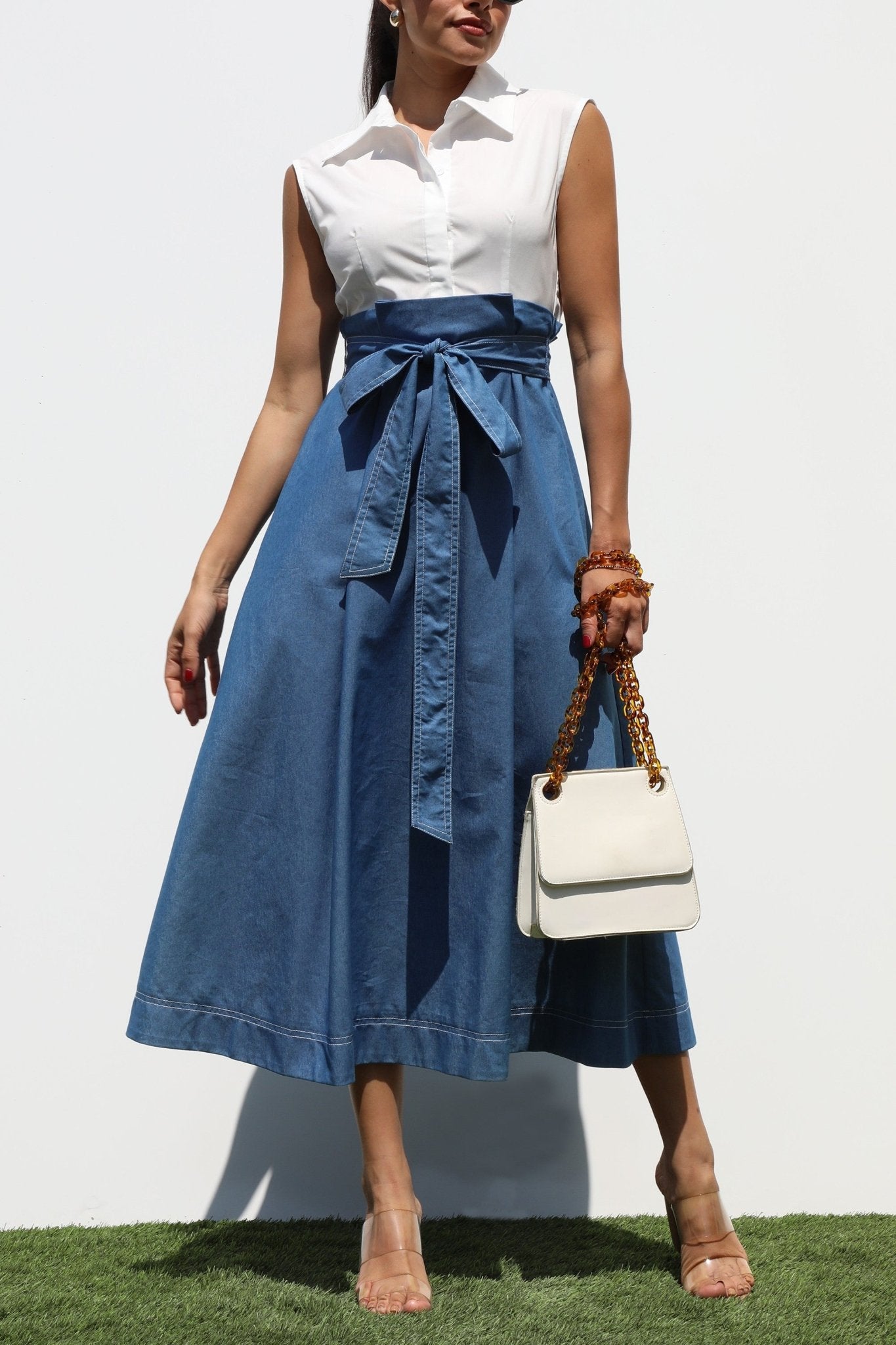White & Blue Shirt Flared Midi Dress