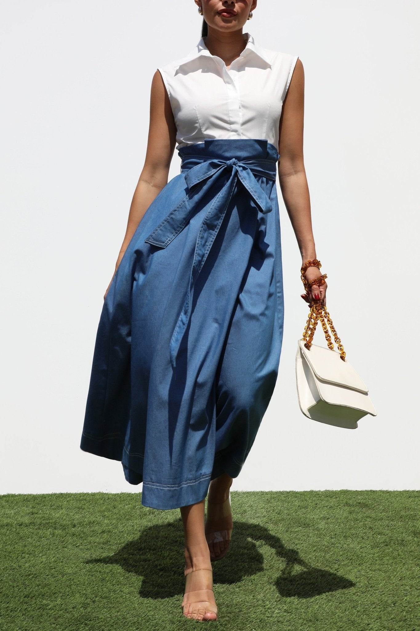 White & Blue Shirt Flared Midi Dress