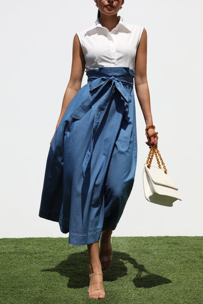 White & Blue Shirt Flared Midi Dress