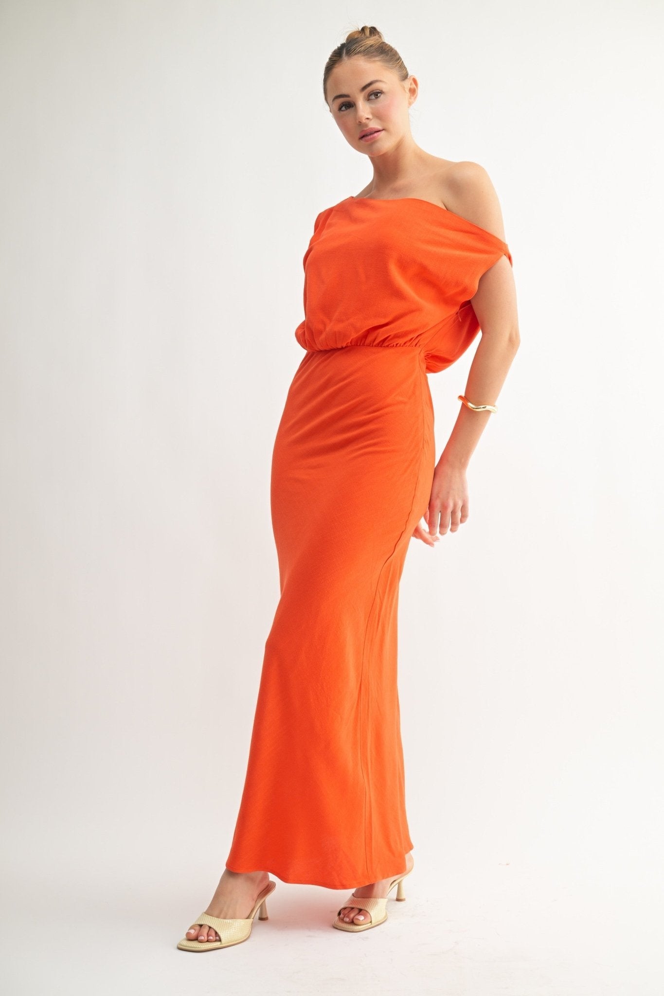 Orange Linen One-Shoulder Dress
