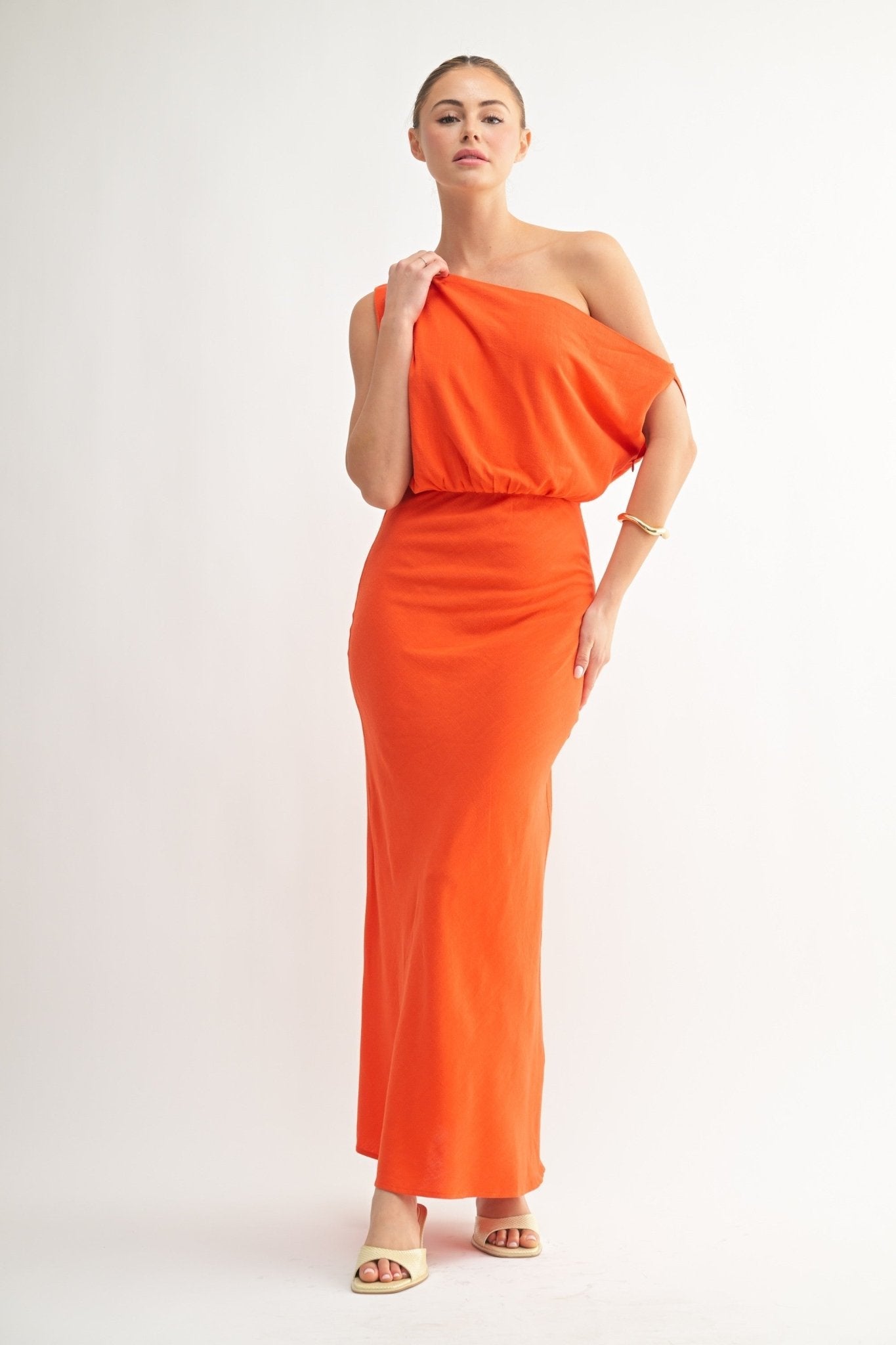 Orange Linen One-Shoulder Dress