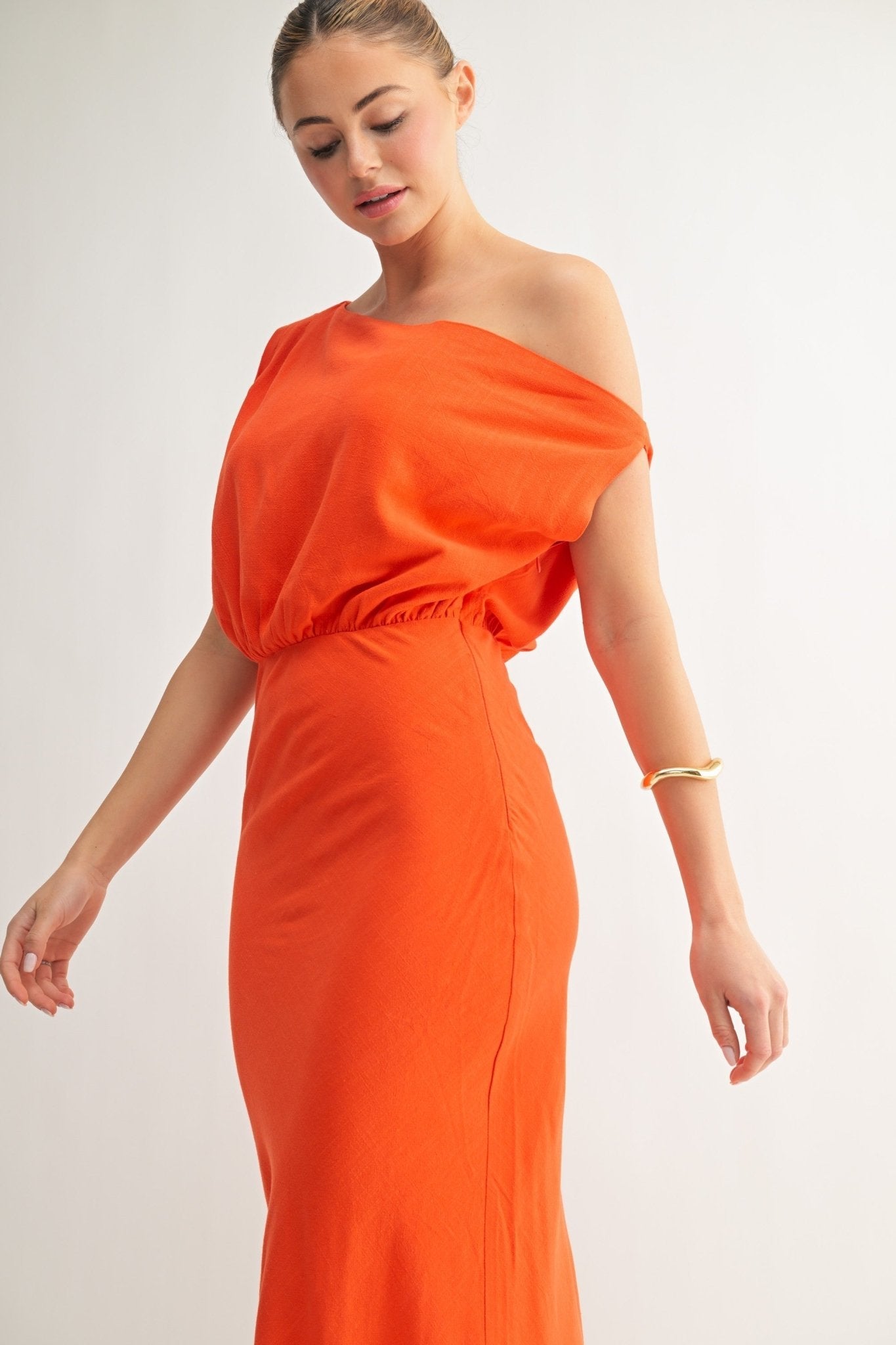 Orange Linen One-Shoulder Dress