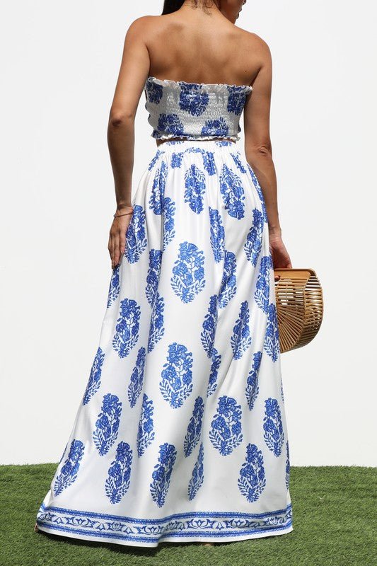 Blue & White Tie Front Maxi Skirt Set