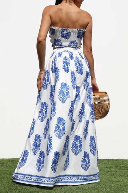 Blue & White Tie Front Maxi Skirt Set
