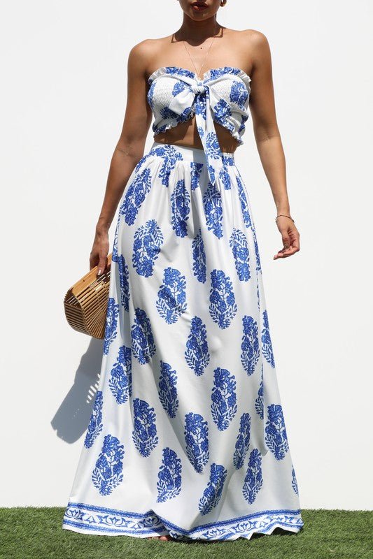 Blue & White Tie Front Maxi Skirt Set