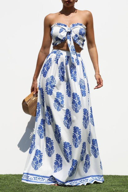 Blue & White Tie Front Maxi Skirt Set