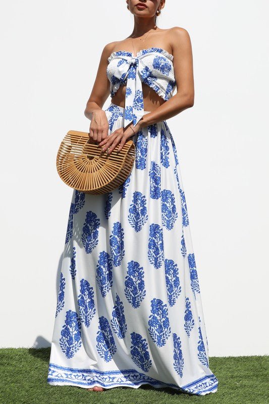 Blue & White Tie Front Maxi Skirt Set